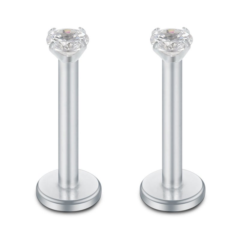 SCERRING 3PRS(6pcs) 16G 2-4mm Clear CZ Internally Threaded Labret Monroe Lip Ring Tragus Nail Helix Earring Stud Piercing Jewelry Bar Length 6mm - Silver - Image 3